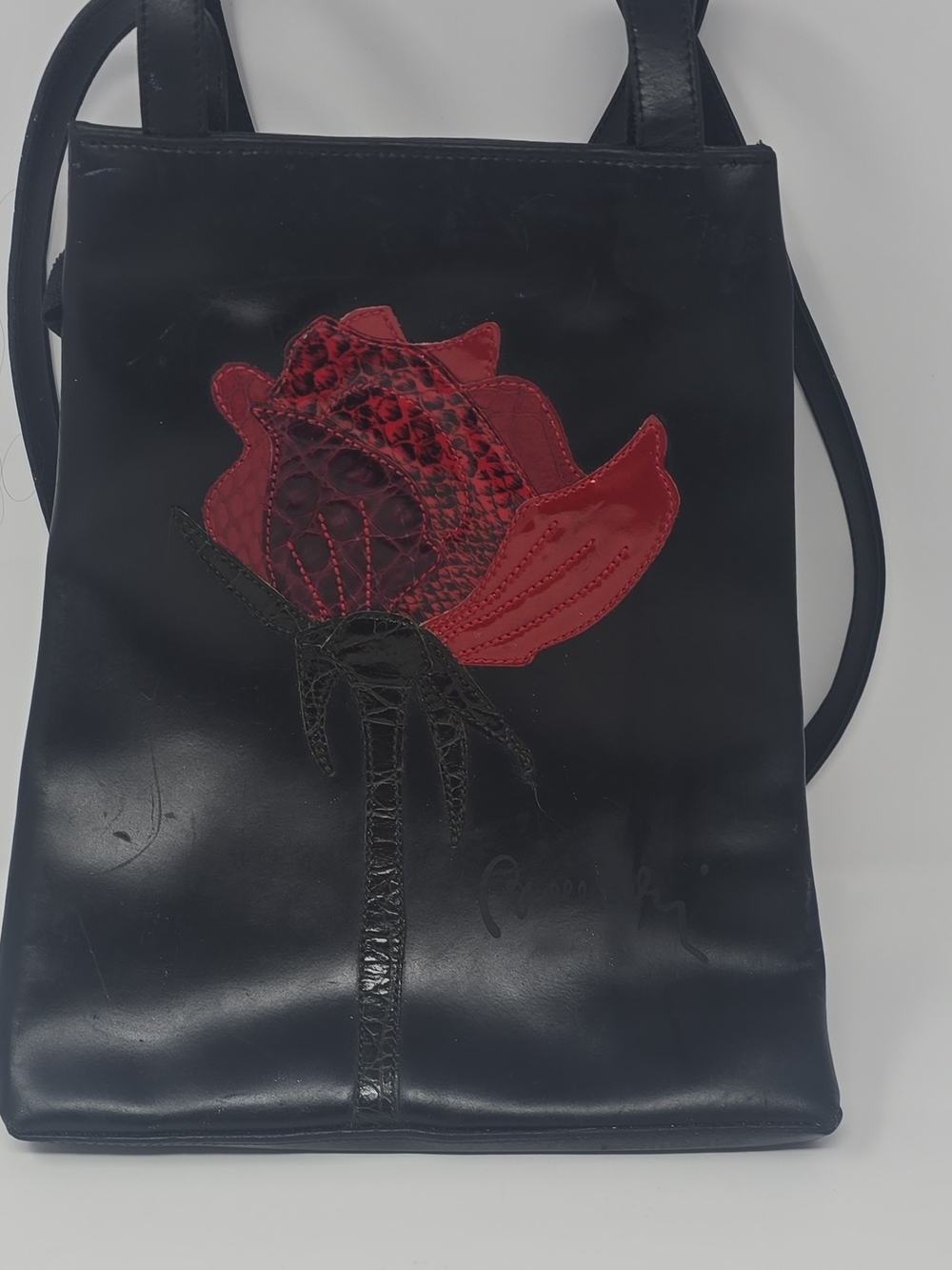 Women’s Vintage Braccialini Black Leather Shoulder Bag with Red Floral Applique